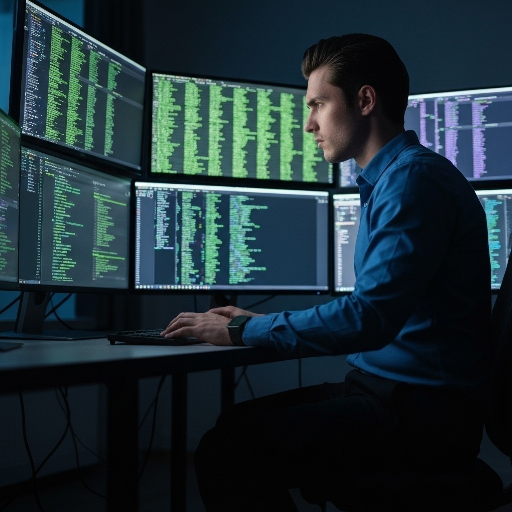 Technicien Datastrophe analysant des séquences hexadécimales sur plusieurs écrans pour reconstruire une grappe RAID virtuelle.