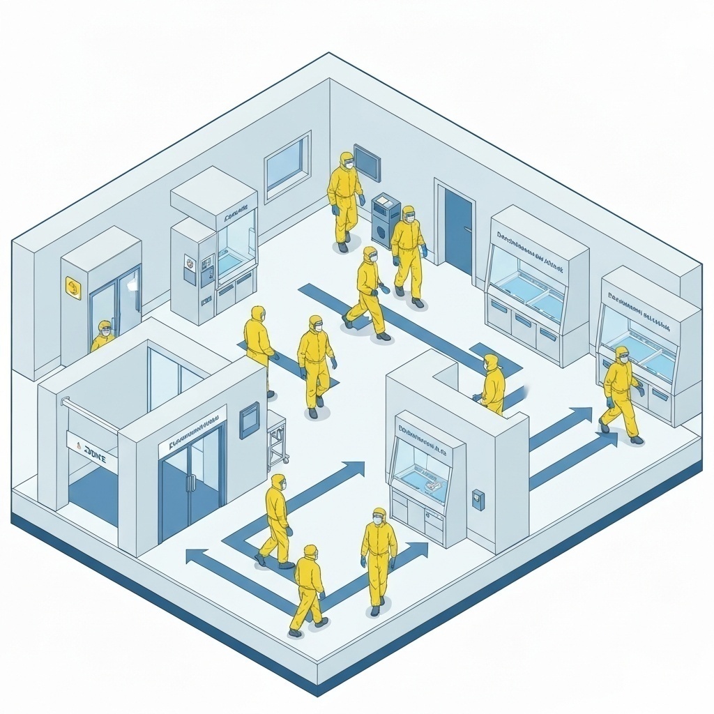 Illustration infographique montrant les étapes de décontamination : habillage, sas d’entrée, flux d’air laminaire et plans de travail antistatiques.
