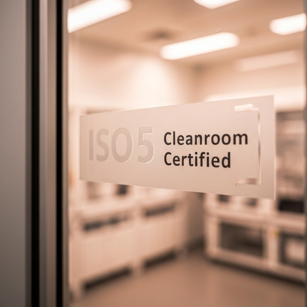 Badge de certification ’Salle Blanche ISO 5’ brillant sur une surface vitrée propre, reflétant le professionnalisme de Datastrophe.