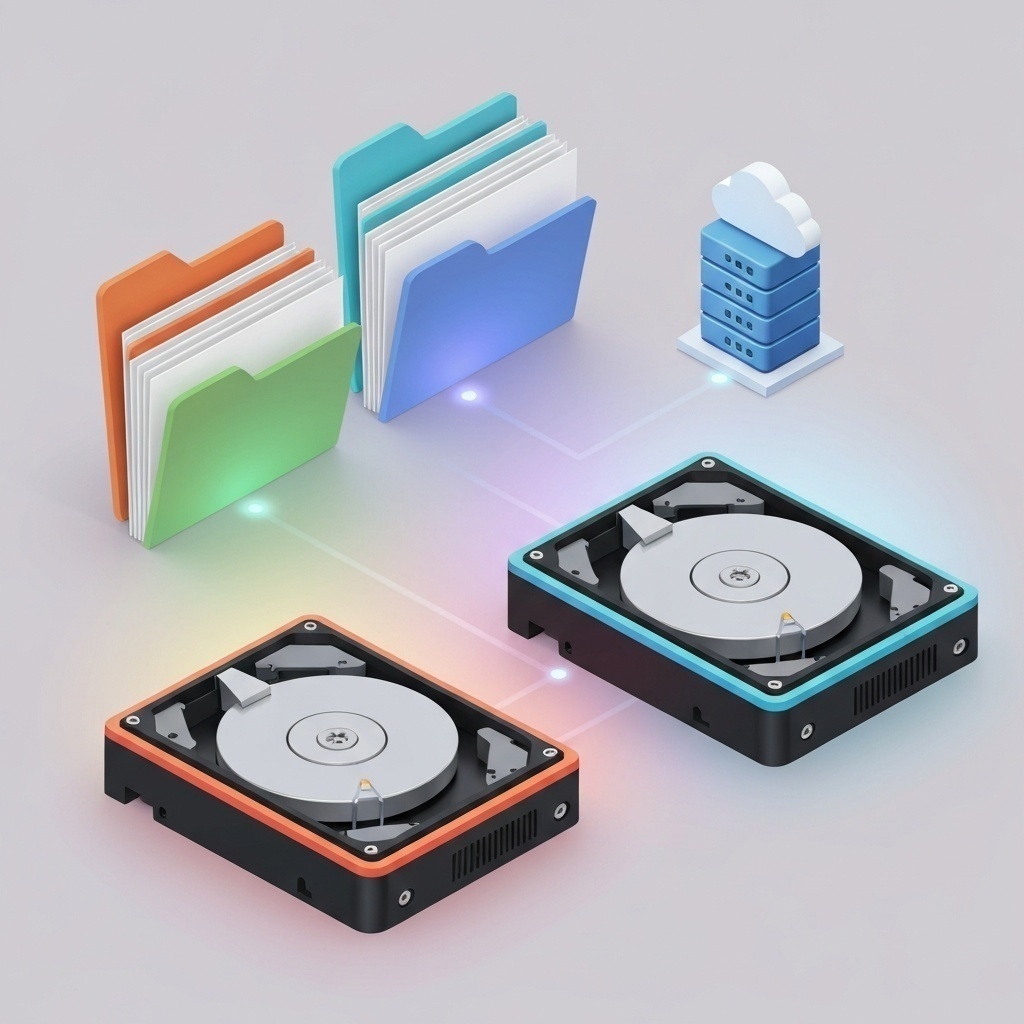 Illustration 3D de la règle 3-2-1 : trois copies de fichiers, deux supports différents (disque dur, clé USB) et un nuage (Cloud).