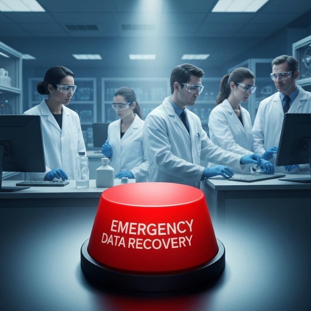 Bouton d’urgence ’EMERGENCY RECOVERY’ sous verre, avec en arrière-plan flou mais rassurant, l’équipe d’experts Datastrophe.