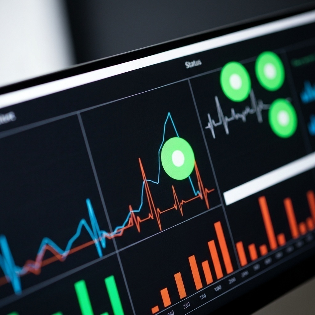 Plan rapproché sur des écrans affichant des diagnostics système et des états de santé de disques durs.