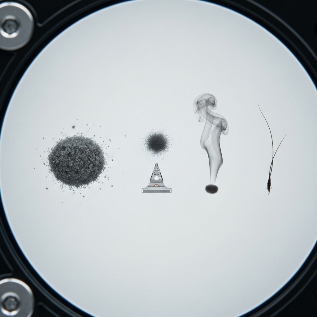 Vue microscopique montrant la différence de taille entre une tête de lecture et des grains de poussière, pollen et fumée.