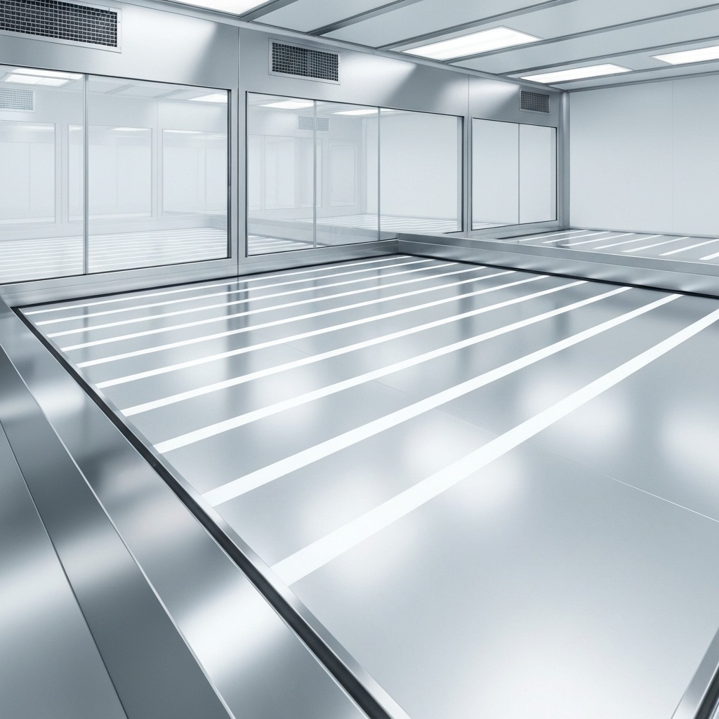 Intérieur stérile d’une salle blanche avec un flux d’air laminaire visible repoussant les particules loin du matériel.