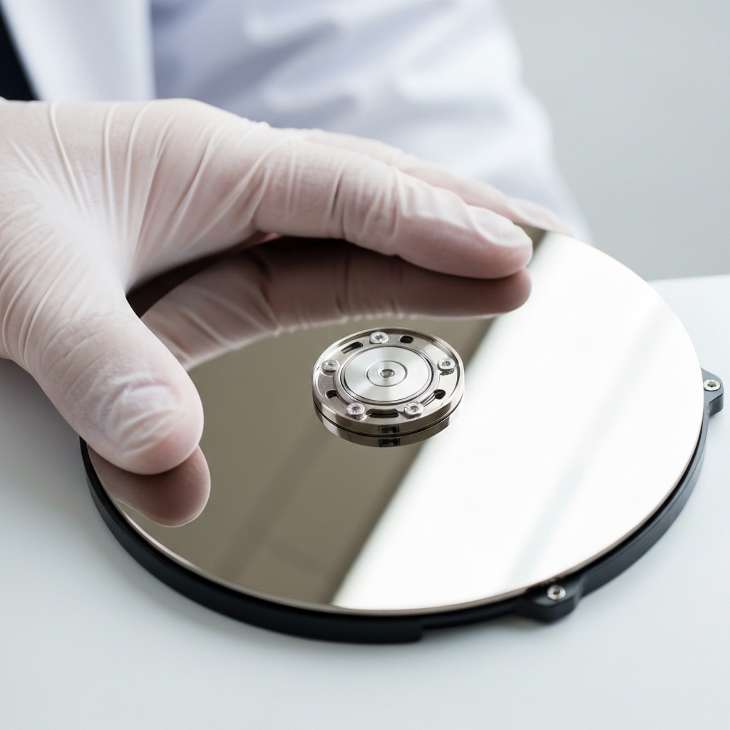Main gantée d’un technicien tenant délicatement un plateau de disque miroir, reflétant un environnement parfaitement propre.
