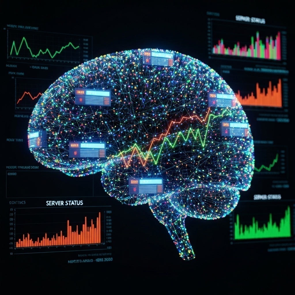 Concept art d’un cerveau numérique lumineux analysant des graphiques de performance serveur, style cybernétique épuré.