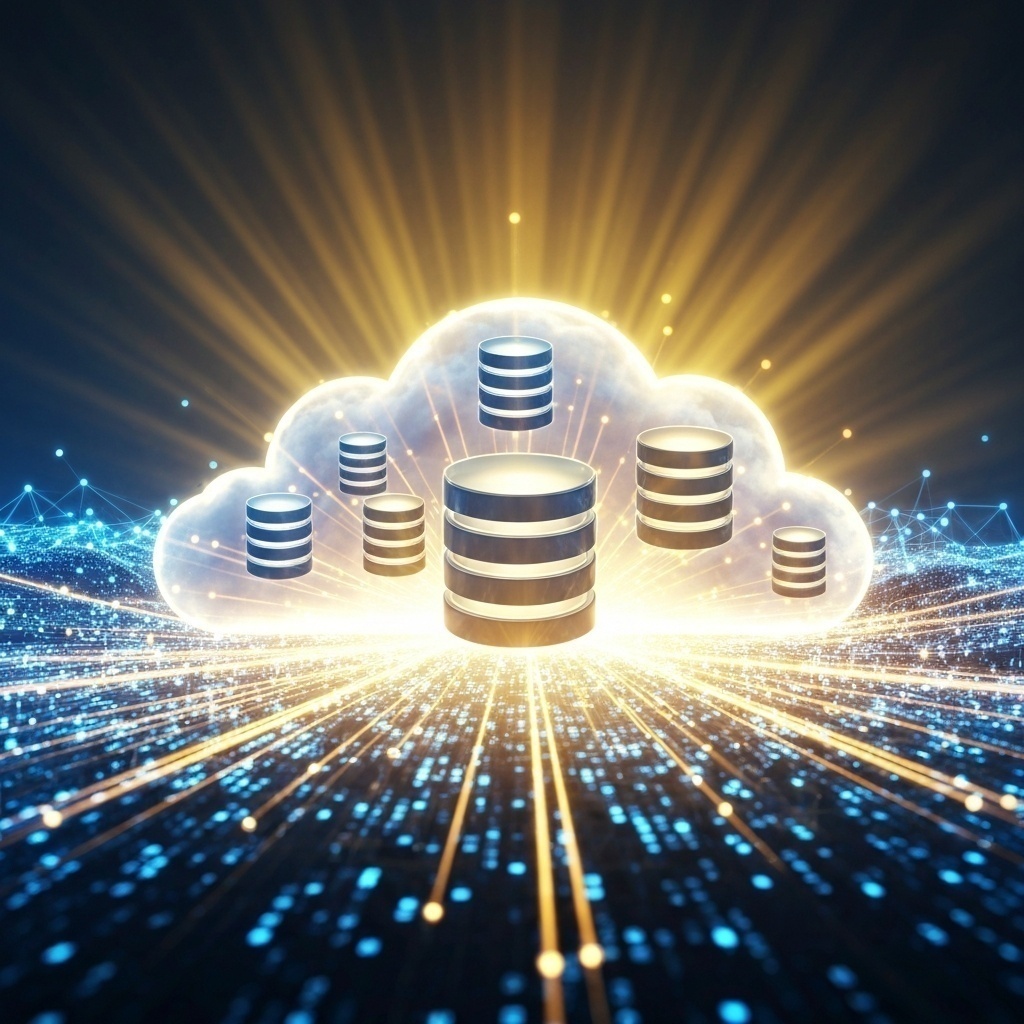 Illustration stylisée de serveurs connectés à un nuage numérique sécurisé, avec des faisceaux de données bleus et or.