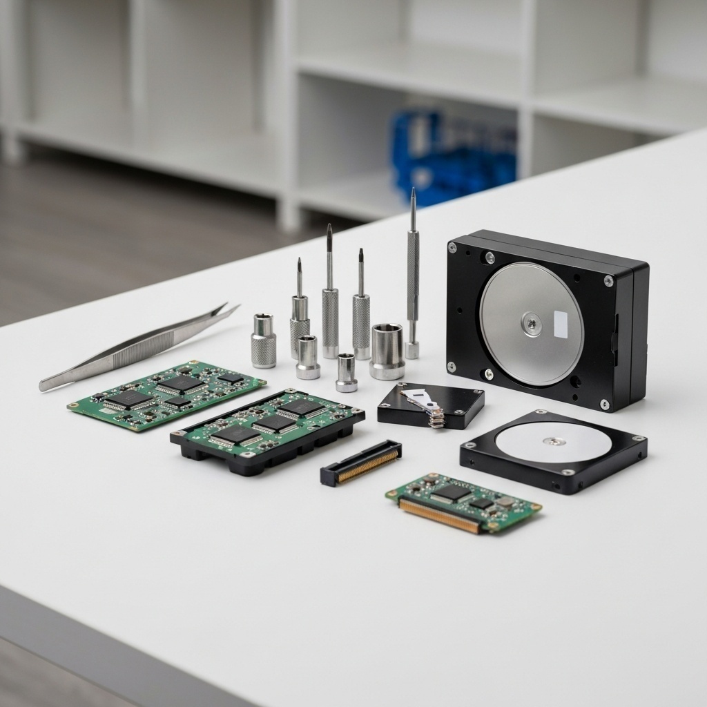 Certificats de réussite et trophées techniques flous en arrière-plan, mise au point sur des outils de diagnostic disque dur.