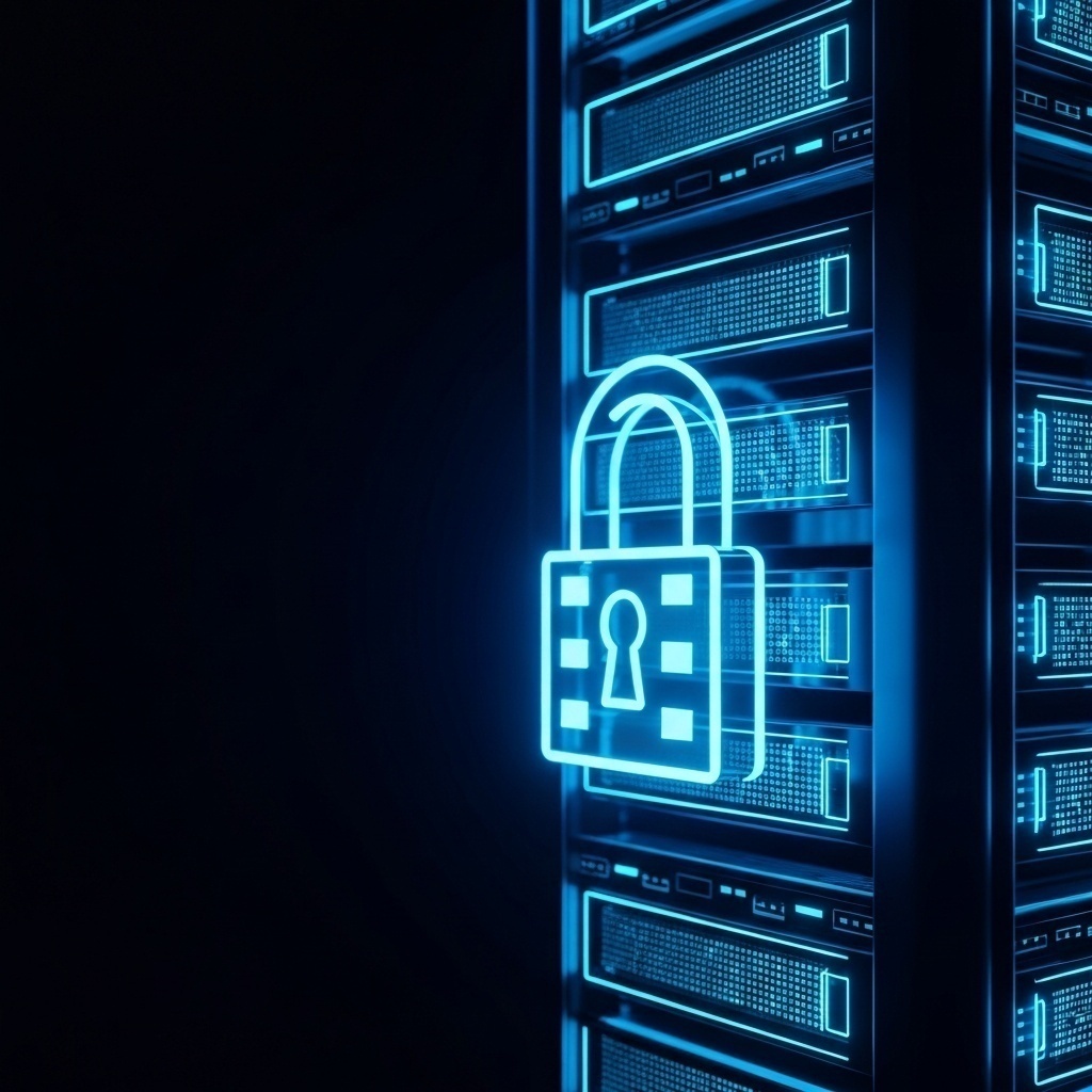 Représentation symbolique de la sécurité : un coffre-fort numérique brillant entouré de chaînes de blocs, style cyber-sécurité.