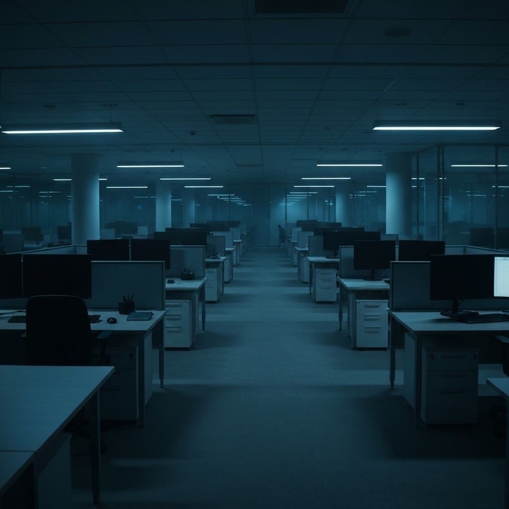 Bureau d’entreprise vide et sombre avec des écrans éteints, symbolisant l’arrêt d’activité et la perte de productivité.