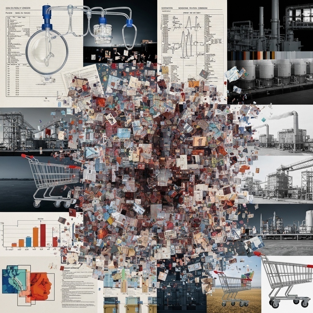 Collage abstrait d’éléments industriels, médicaux et e-commerce se fragmentant numériquement, illustrant les secteurs touchés.
