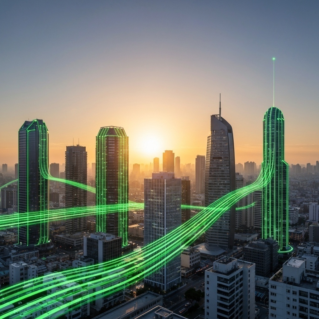 Vue futuriste et rassurante d’une ville connectée, avec des flux de données sécurisés circulant harmonieusement.