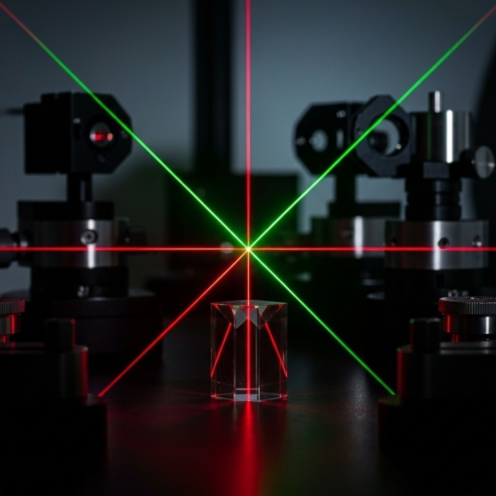 Banc d’essai laser avec faisceaux rouges et verts pour calibrer des instruments de mesure de haute précision.