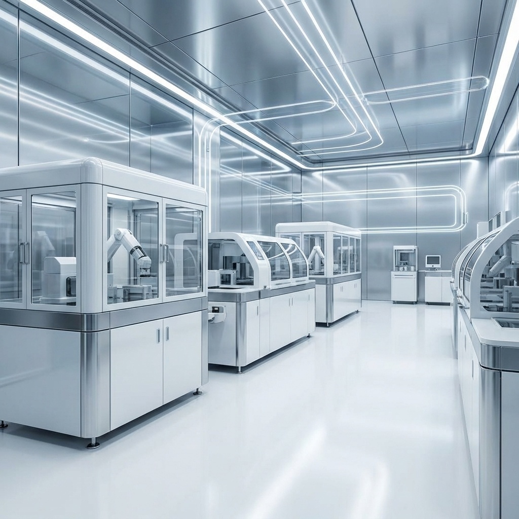 Intérieur d’un laboratoire futuriste avec des stations d’analyse automatisées et des écrans holographiques de données.