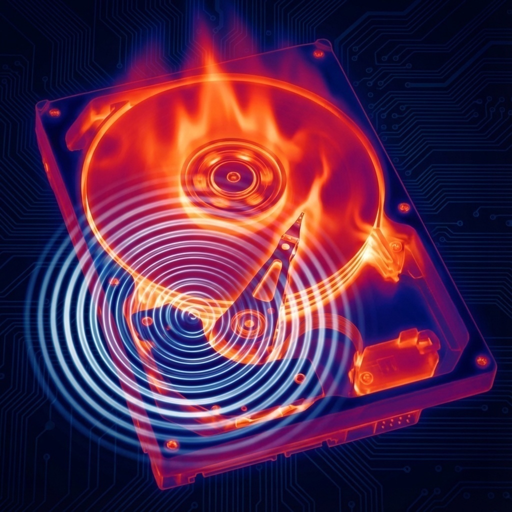 Illustration des signes physiques d’une panne : cliquetis (ondes sonores), surchauffe (effet thermique), LED d’activité bloquée.
