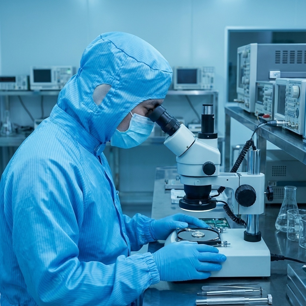 Technicien en salle blanche examinant un disque dur ouvert sous microscope, environnement stérile et professionnel.
