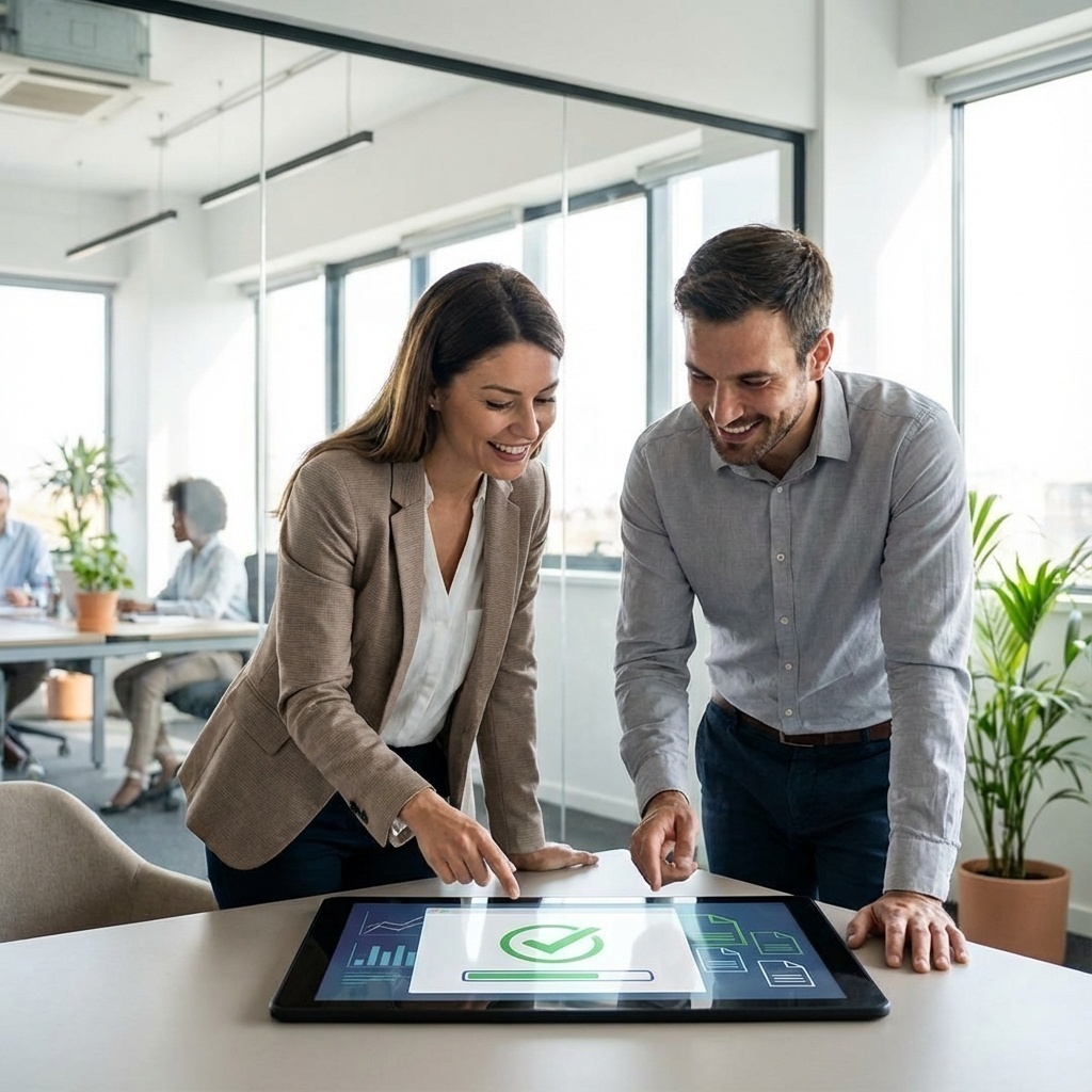 Poignée de main ou échange professionnel rassurant dans un bureau moderne, symbolisant la prise en charge et la solution.