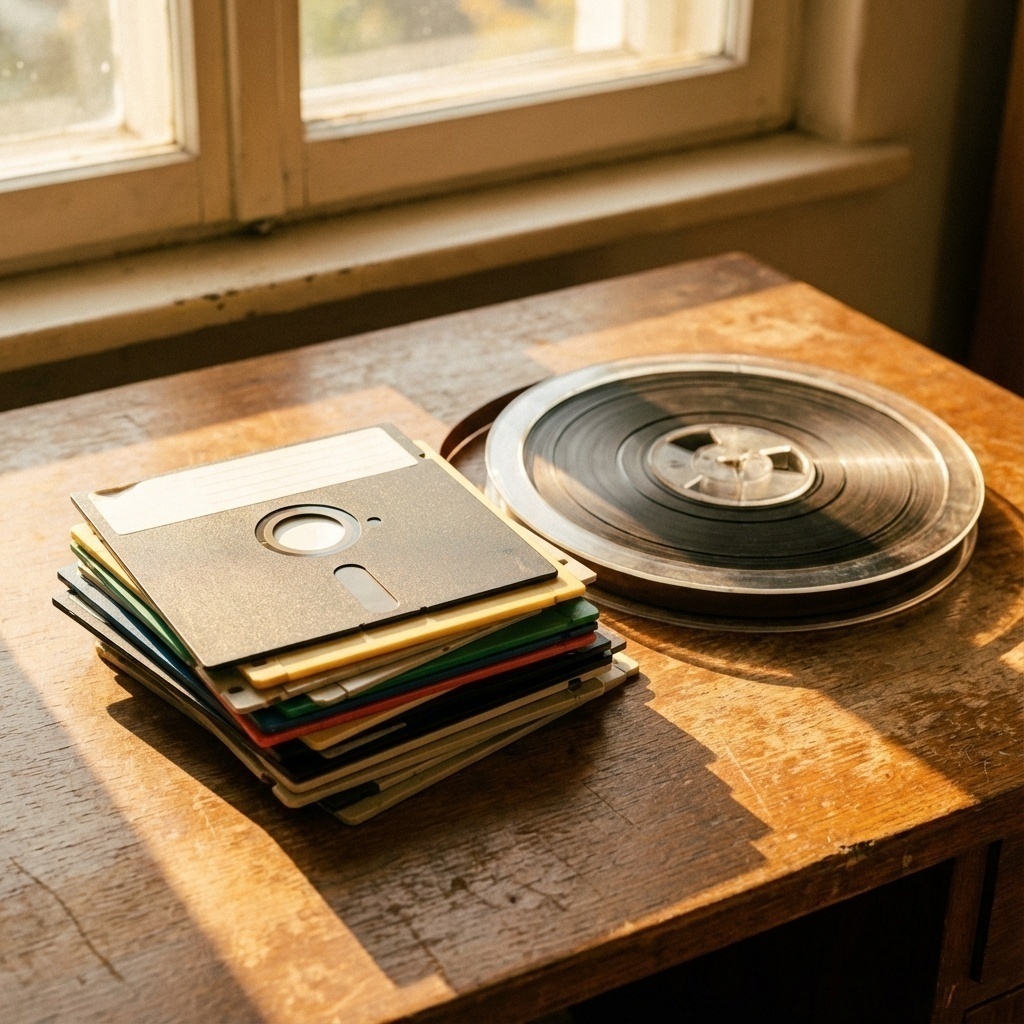 Frise chronologique stylisée ou collection d’objets vintage (disquettes, bandes) sur un bureau de recherche.