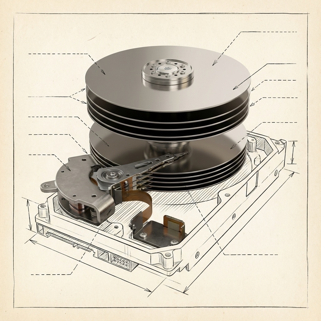 Vue éclatée artistique d’un disque dur mécanique montrant les plateaux et la tête de lecture, style schématique moderne.