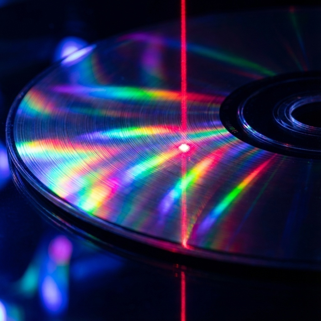 Gros plan macro sur la surface irisée d’un CD/DVD avec un faisceau laser stylisé lisant les données.