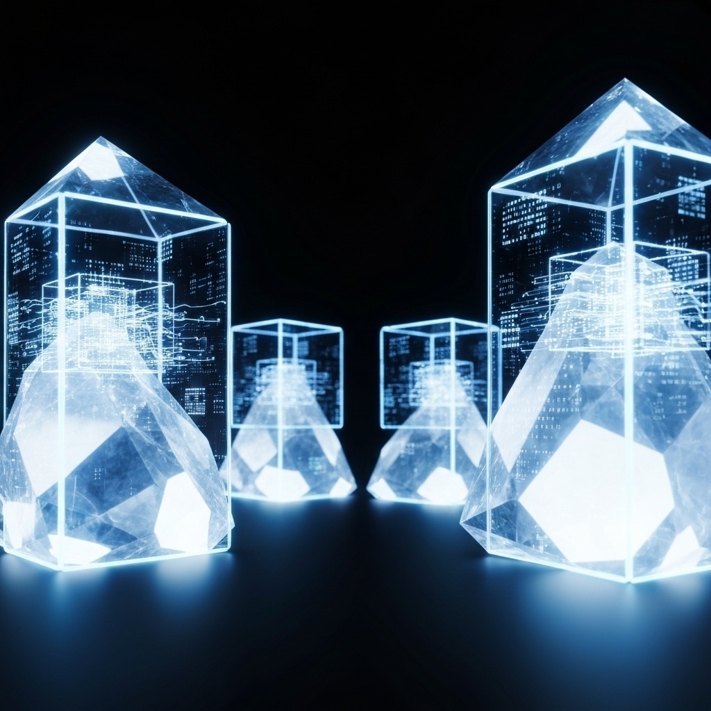 Concept futuriste de stockage : cristal de quartz ou hologramme, symbolisant l’avenir après le magnétique et l’optique.