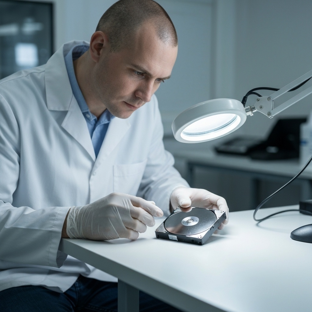 Technicien en gants manipulant un disque dur noirci ou endommagé par la chaleur dans un laboratoire propre.