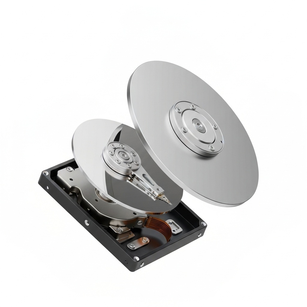 Schéma 3D réaliste ou vue éclatée d’un disque dur montrant le moteur, les plateaux et la tête de lecture.