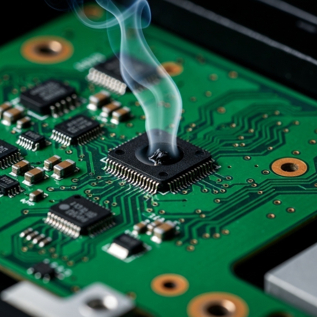 Vue détaillée d’un circuit imprimé de disque dur (PCB) avec des traces de brûlure sur un composant.