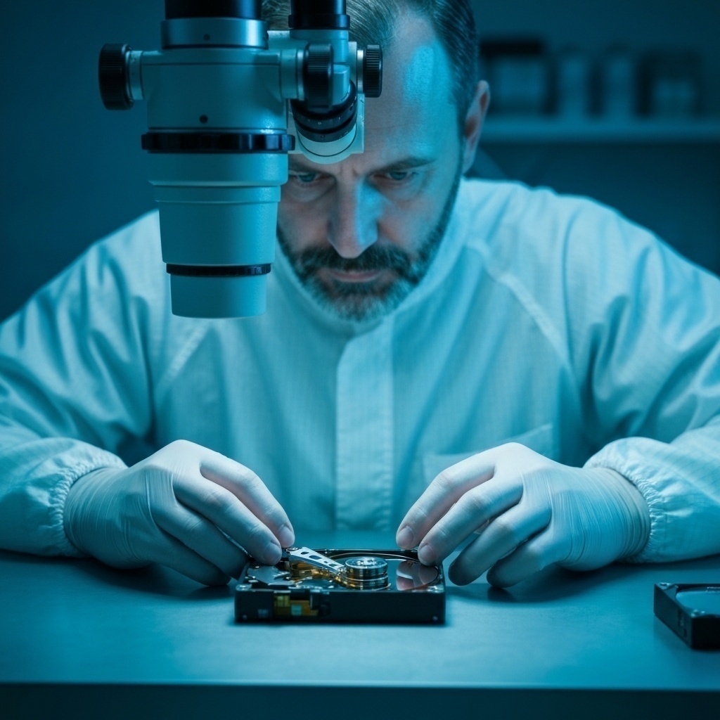 Ingénieur en salle blanche examinant un disque dur ouvert sous un microscope.