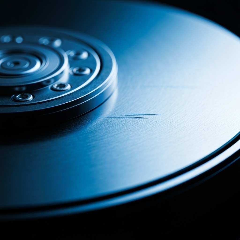 Gros plan sur un disque dur endommagé avec un focus sur les rayures ou déformations visibles.