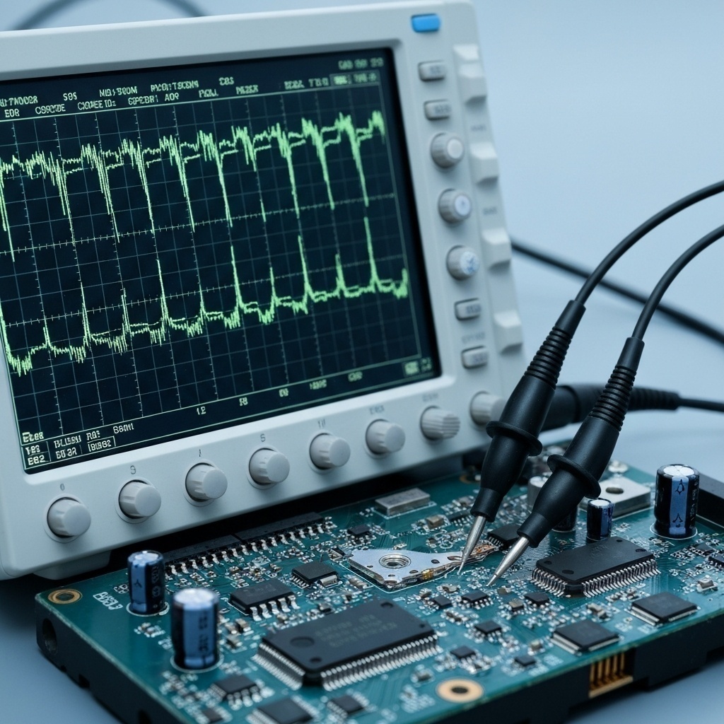 Oscilloscope ou multimètre connecté à un PCB de disque dur pour diagnostic électronique.