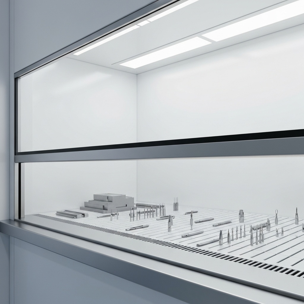 Vue intérieure d’une hotte à flux laminaire en salle blanche avec des outils de précision prêts à l’emploi.