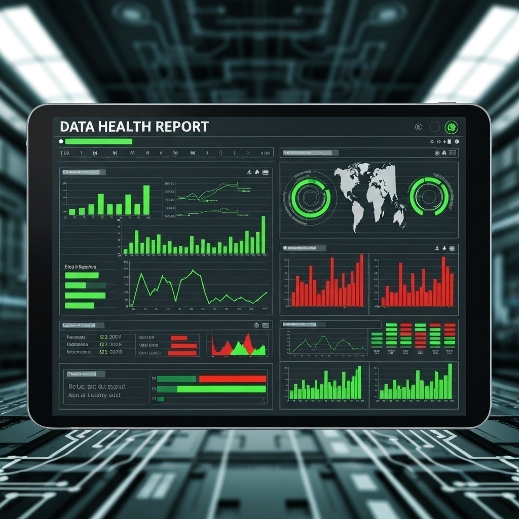Tablette ou écran affichant un rapport d’analyse technique avec des graphiques et des indicateurs de santé du disque.