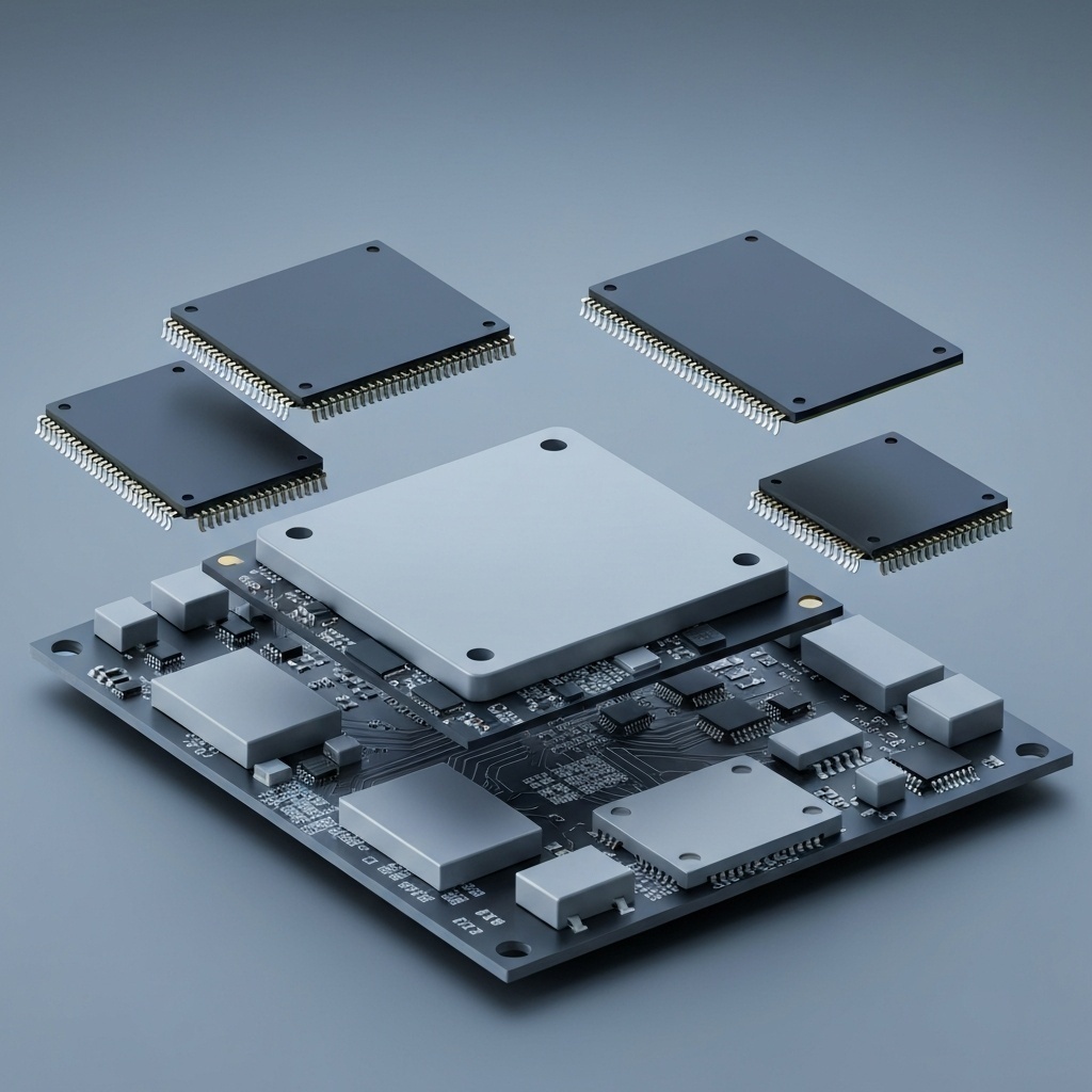 Schéma 3D épuré montrant les puces NAND flash et le contrôleur d’un SSD sans boîtier.
