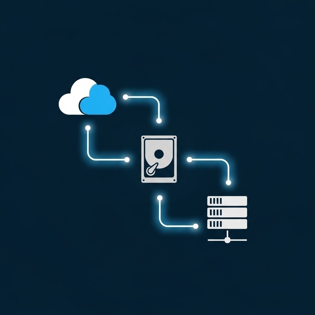 Représentation graphique de la règle 3-2-1 : icônes de disque dur, cloud et serveur interconnectés.