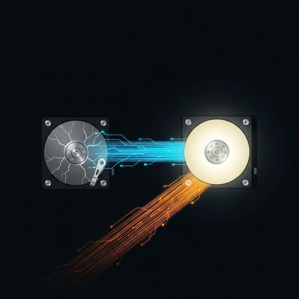 Représentation visuelle du processus de clonage de disque, transfert de données binaire d’un disque à l’autre.
