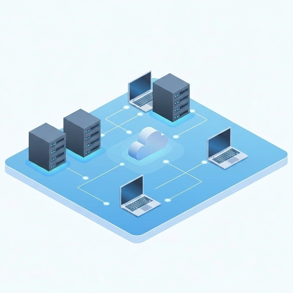 Illustration isométrique d’un réseau PME avec serveurs, PC, cloud et routeurs interconnectés.
