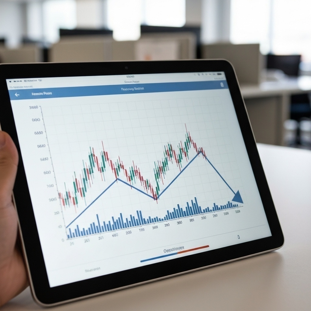 Graphique financier en baisse sur une tablette, avec des pièces de monnaie et une calculatrice en arrière-plan flou.