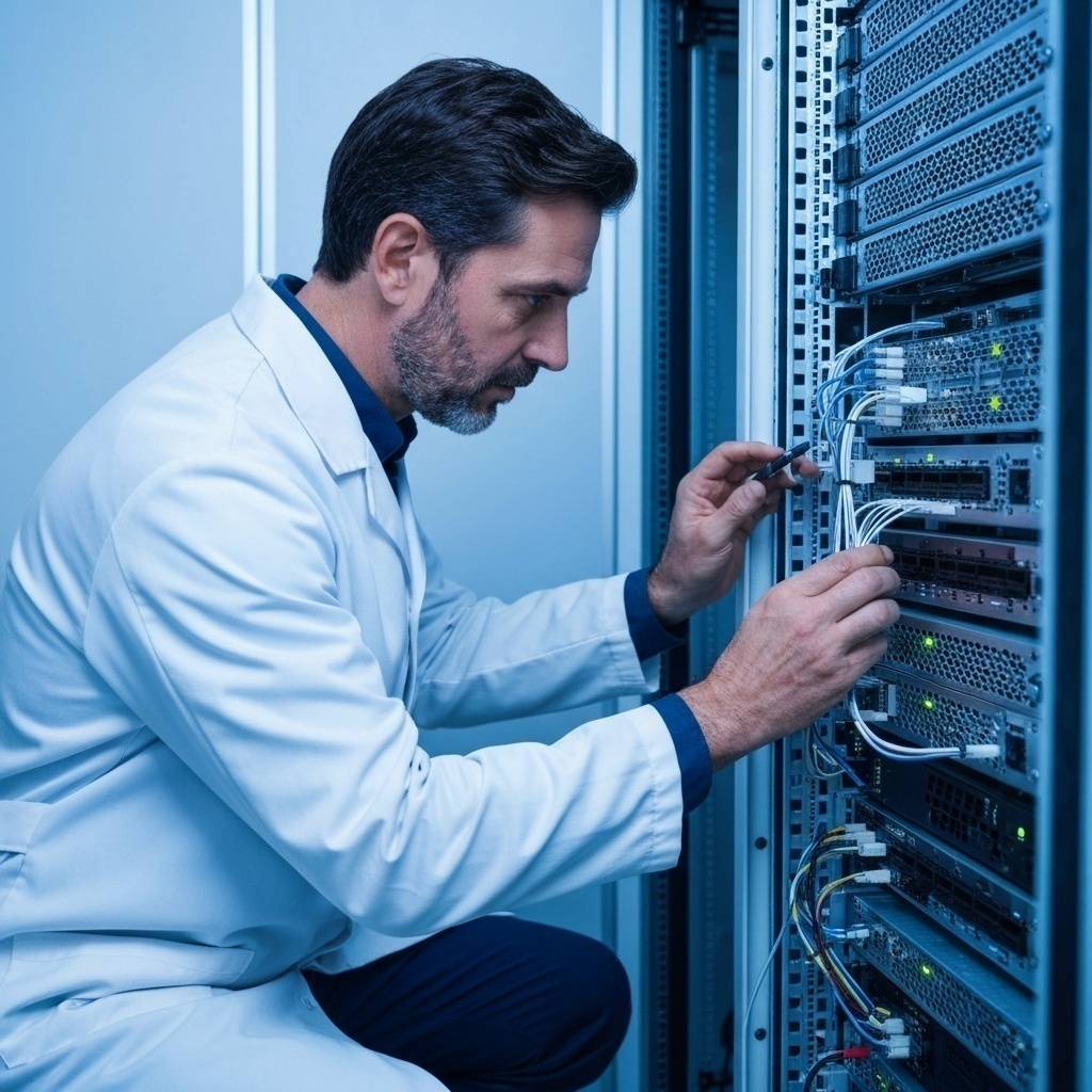 Professionnel en informatique analysant un serveur rack dans une salle serveur climatisée.