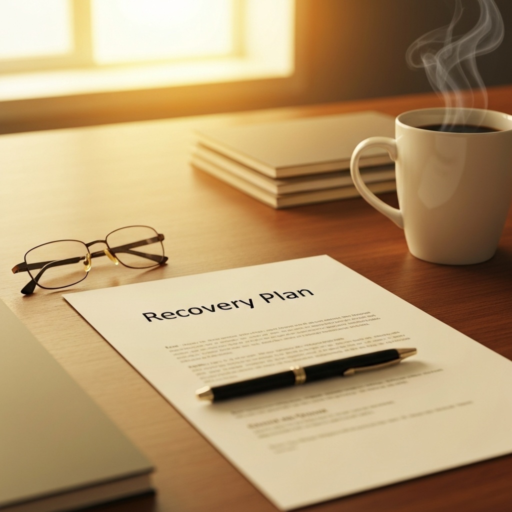 Document ’Plan de Reprise’ sur un bureau avec un stylo et des lunettes, concept de préparation.