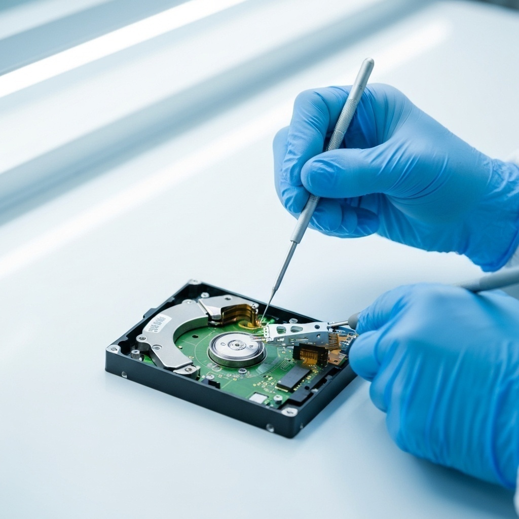 Technicien en gants effectuant une transplantation de têtes de lecture sous hotte laminaire.