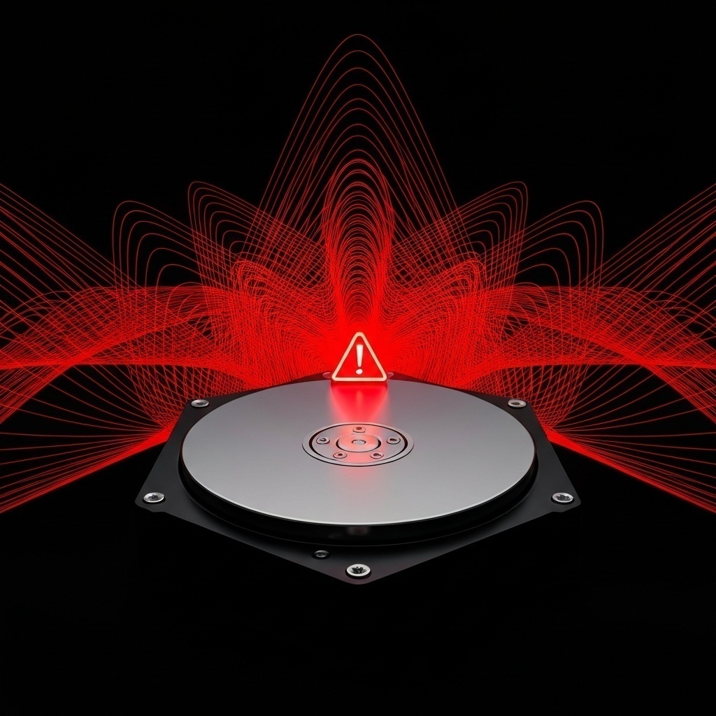 Représentation conceptuelle d’ondes sonores (bruit) émanant d’un disque dur, symbole de panne mécanique.