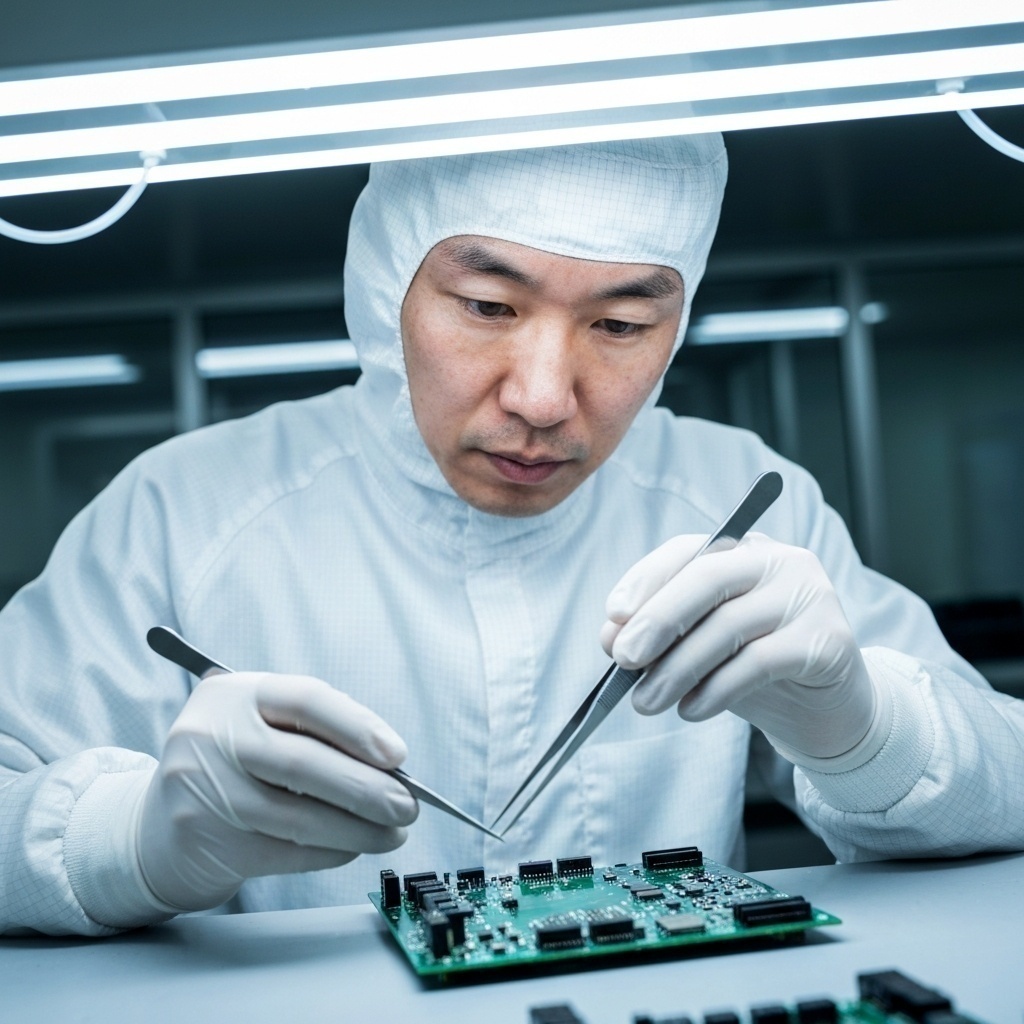 Professionnel en combinaison intégrale manipulant des outils de précision dans un environnement stérile.