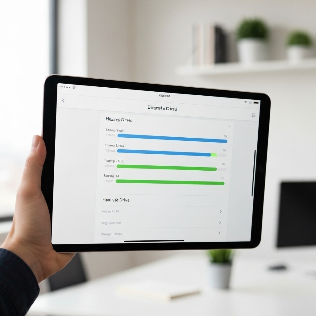 Tablette tactile affichant un rapport de diagnostic avec des sections verte, orange et rouge pour l’état du disque.