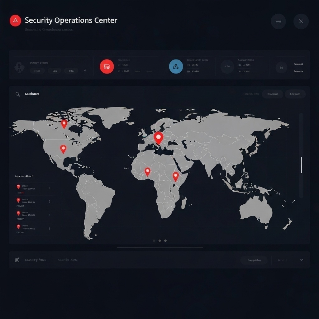 Interface futuriste de centre d’opérations de sécurité (SOC) avec une carte du monde et des alertes en temps réel.
