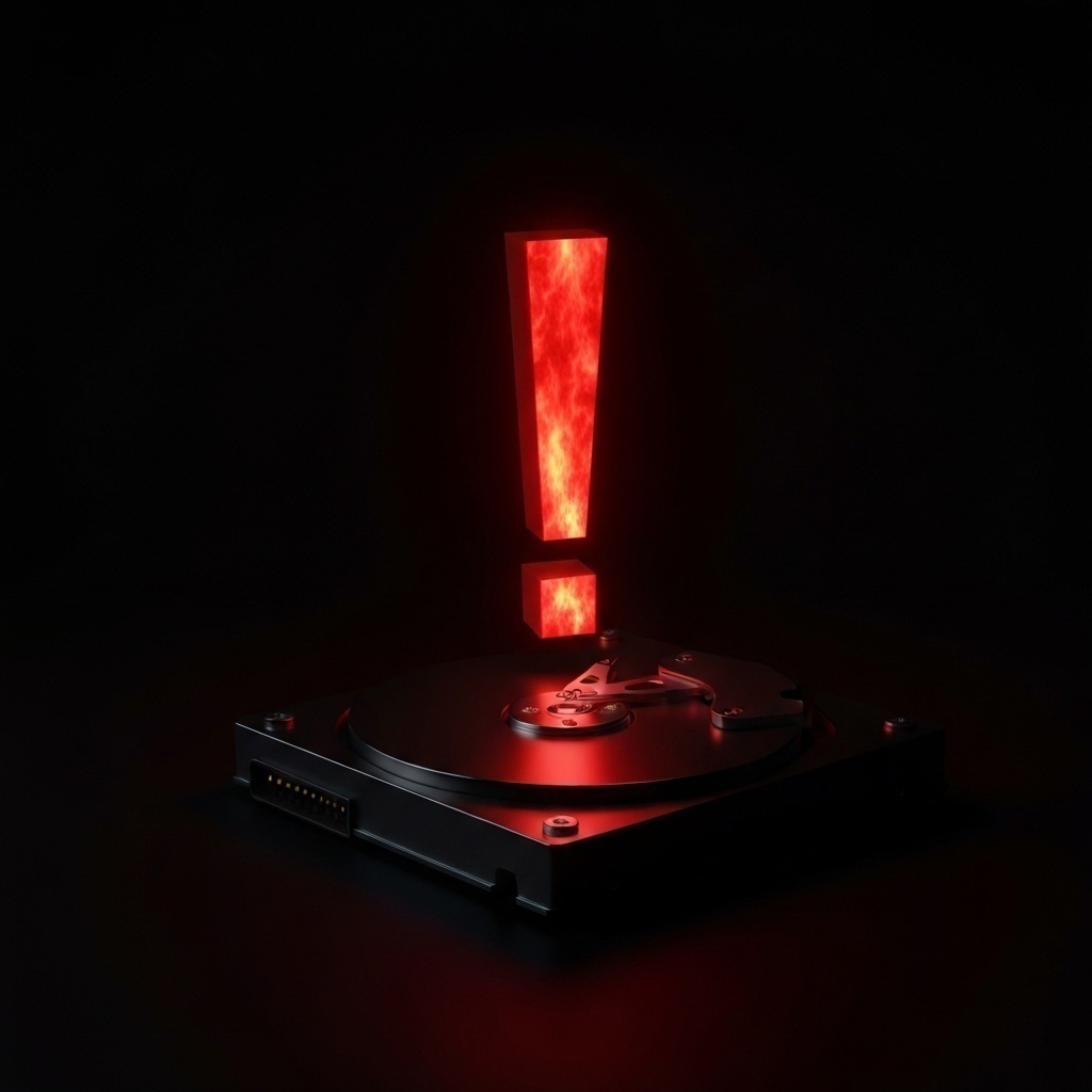 Icône d’alerte rouge sur un disque dur stylisé, symbolisant une panne critique et l’urgence.