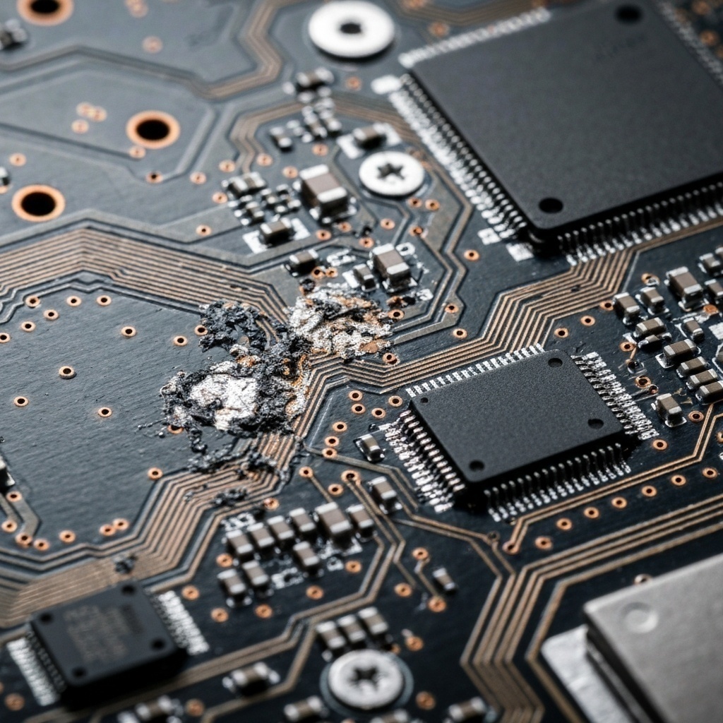 Vue macro de composants électroniques endommagés (brûlure, corrosion) sur un PCB de disque dur.
