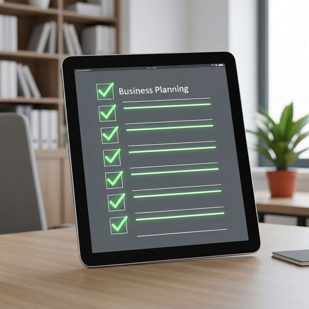 Organigramme ou checklist numérique sur une tablette, titré ’Recovery Plan’, ambiance professionnelle.