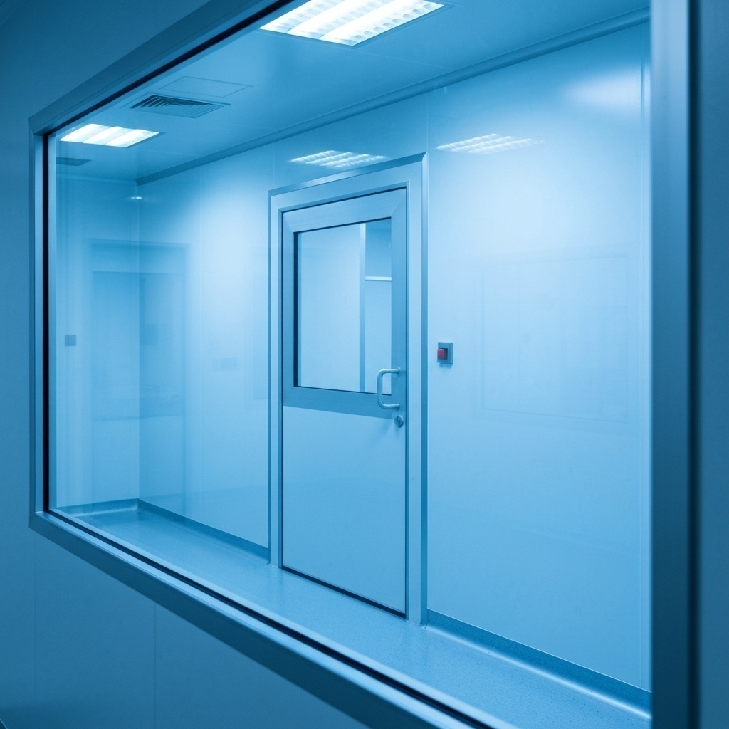 Entrée sécurisée d’une salle blanche avec signalétique de risque biohazard/technique, ambiance stérile.