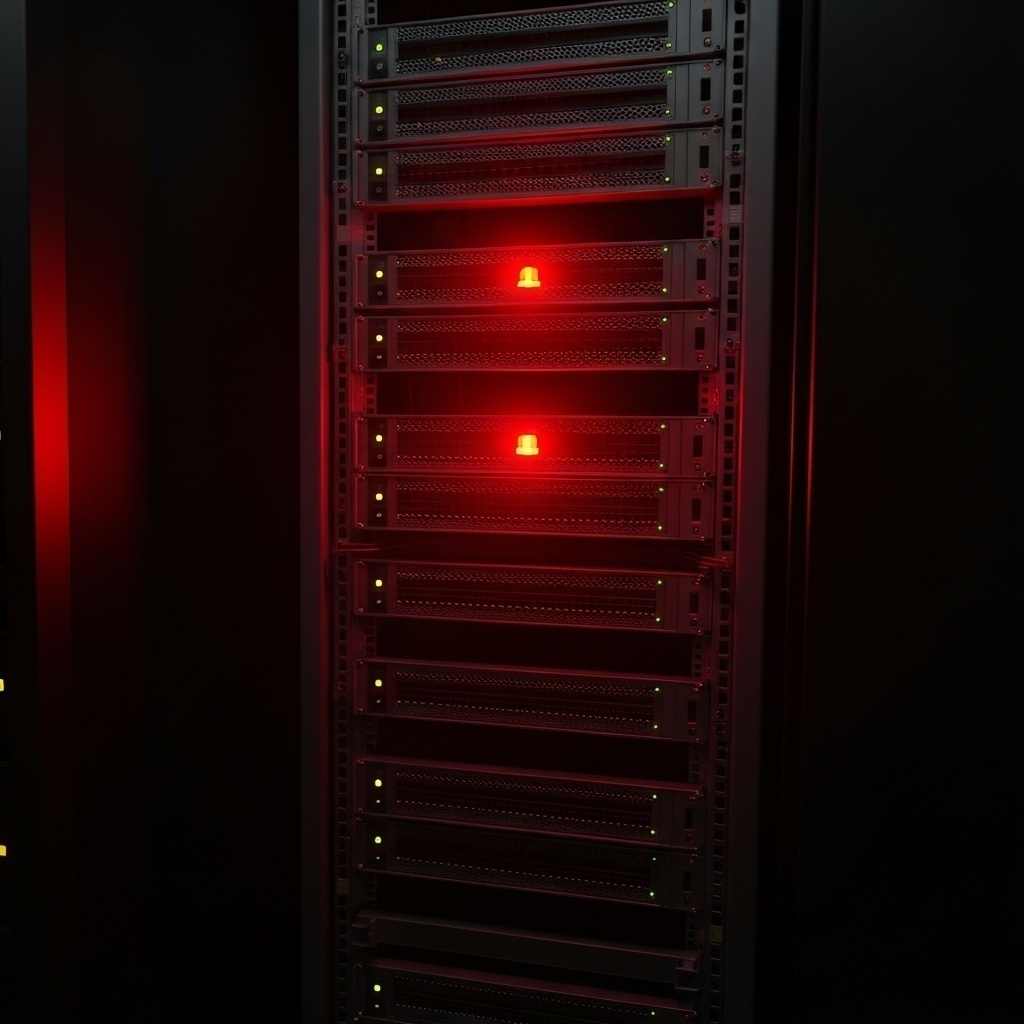 Vue d’une salle de serveurs sombre avec un rack spécifique clignotant en rouge, indiquant une panne critique.